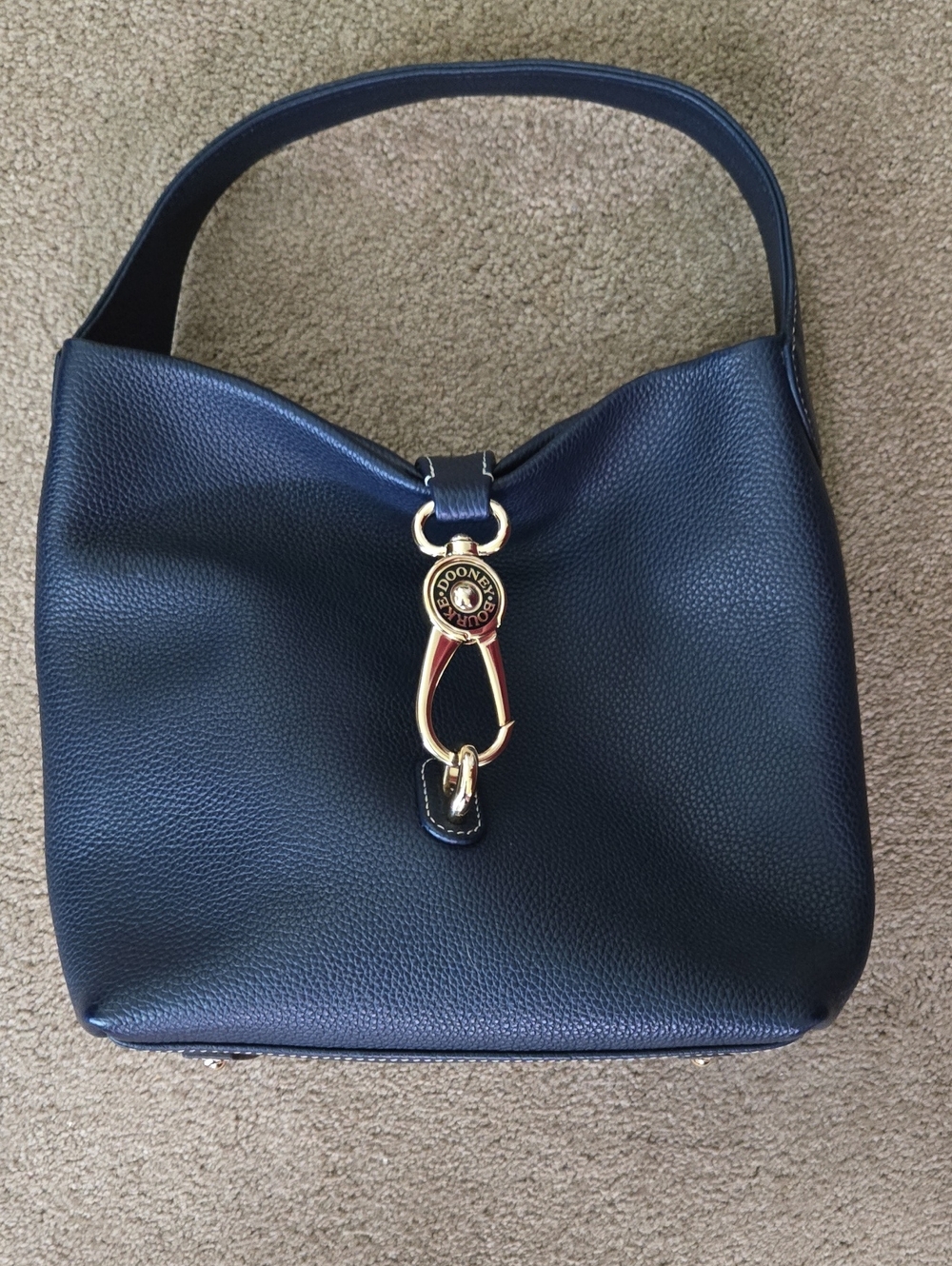 Dooney & Bourke Navy Leather Logo Lock Shoulder Bag with Gold Hardware.
